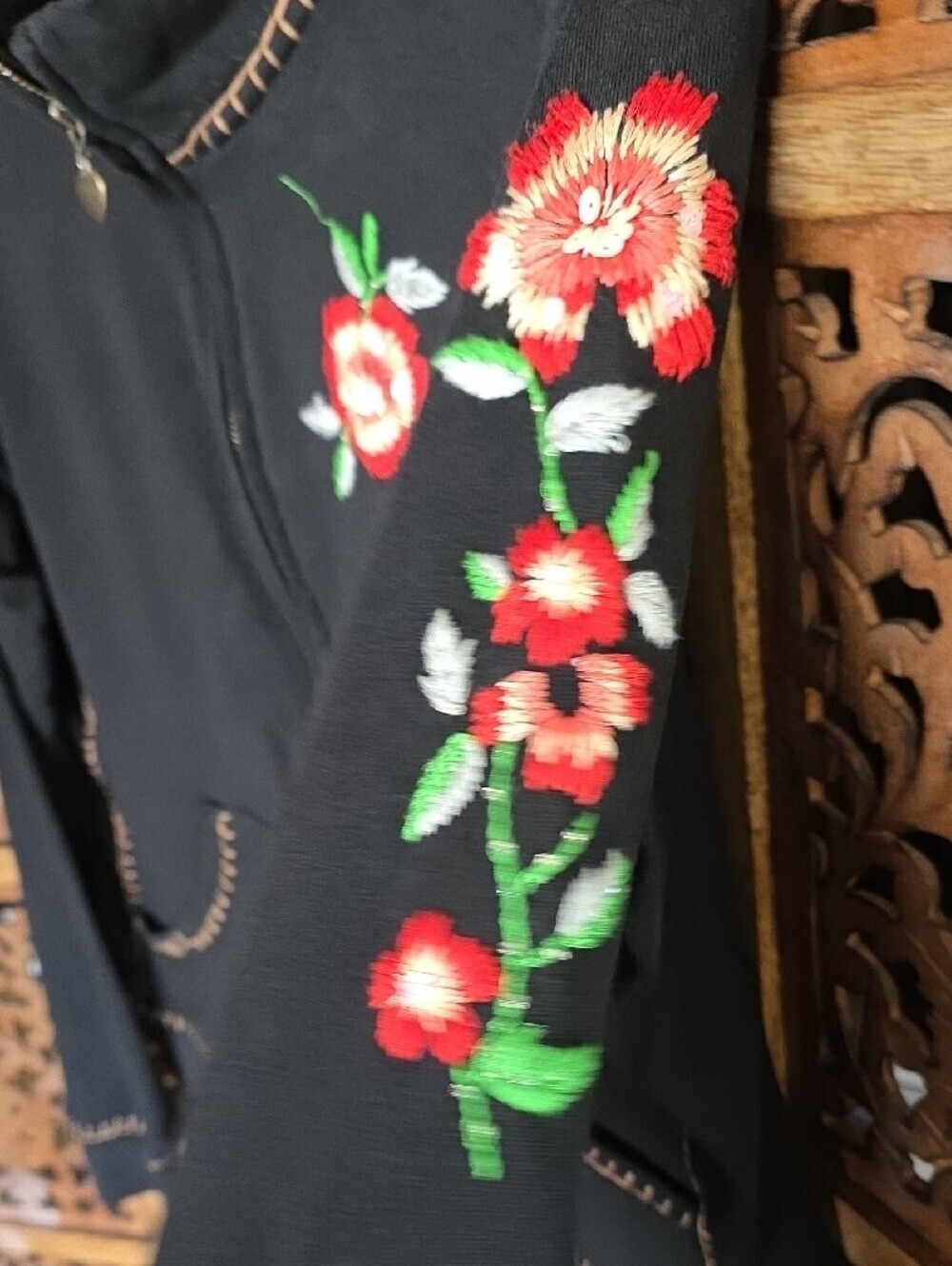 Black Boho Jacket with Red Floral Embroidery - Picture 3 of 8